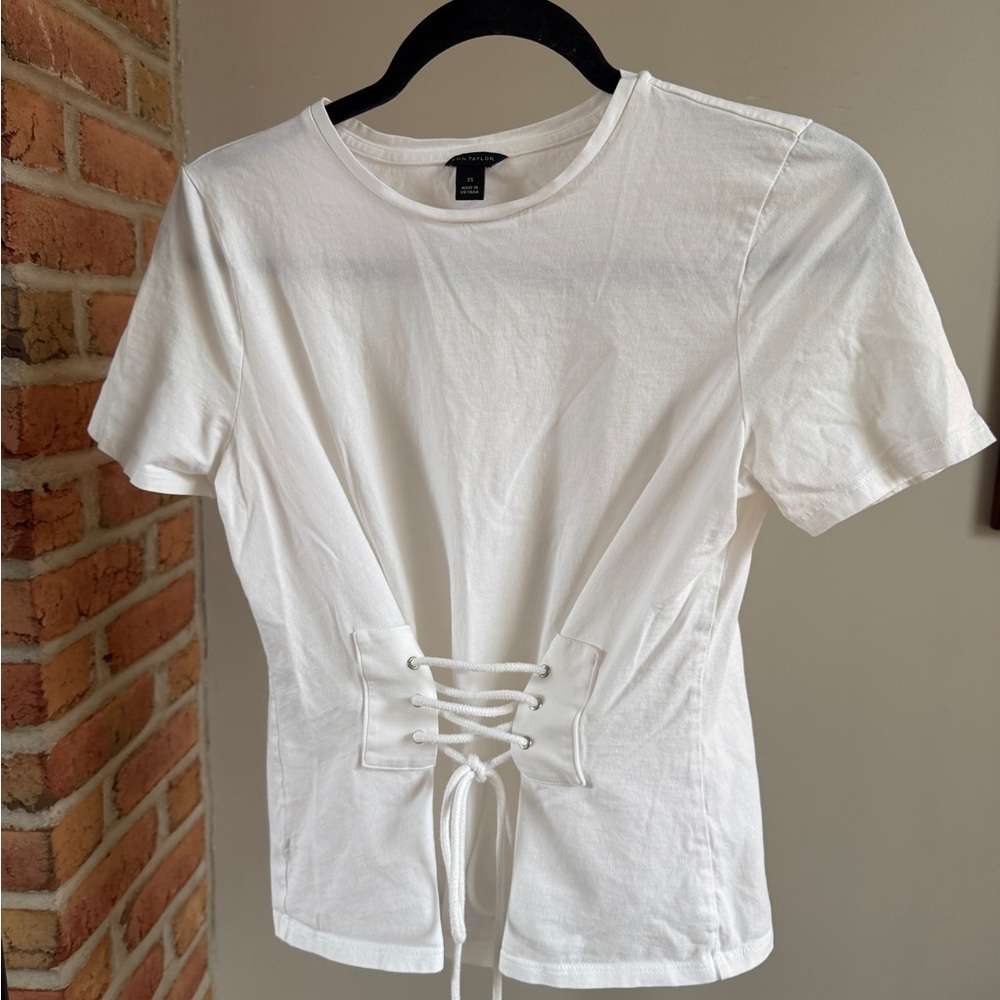 Ann Taylor White Corset-style Lace-Up Short Sleeve Top